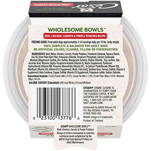  CESAR WHOLESOME BOWLS Adult Soft Wet Dog Food Toppers Beef, Chicken, Purple Potatoes & Carrots Recipe, (10) 3 Oz. Bowls