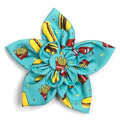  The Worthy Dog Fast Food Fest Hamburger Hotdog Fries Taco Pattern Designer Collar Flower Fashion Accessories For Pets Cat Dogs - Blue Color-Small