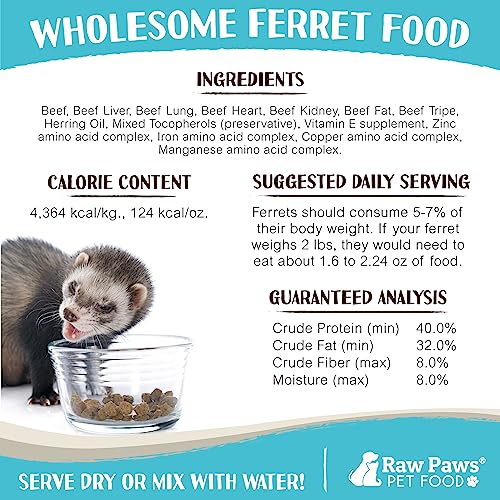  Raw Paws Freeze Dried Raw Ferret Food, Beef 16-oz - Made In USA - Premium, Grain Free Ferret Diet For Small, Adult, Senior & Baby Ferrets - Also Use As Natural Ferret Treats For Rewarding & Training