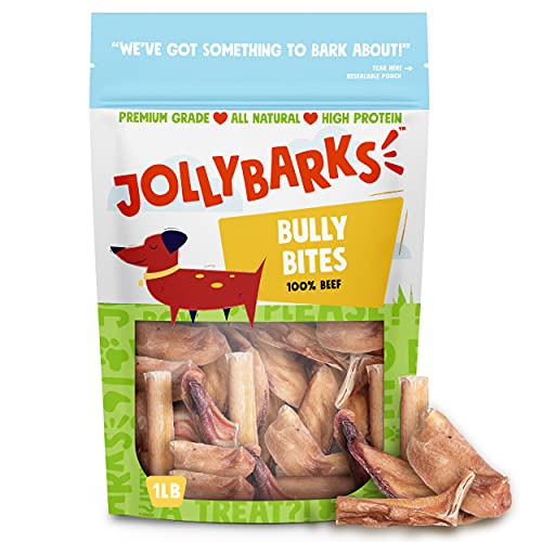  JollyBarks Bully Bites Dog Treats (1lb) Premium Natural Single Ingredient Odor Free Bully Sticks For Small Dogs - Grass Fed, Non-GMO Long Lasting Bully Sticks For Puppies, Small Bully Sticks (1lb Bag)