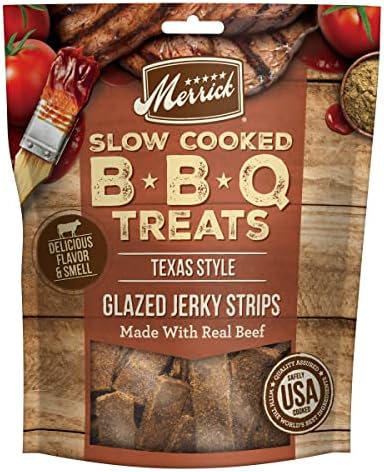  Merrick Dog Jerky, Slow Cooked BBQ Beef Dog Treats, Texas Style Glazed Jerky Strips, Beef Jerky Dog Treats - 10 Oz. Pouch