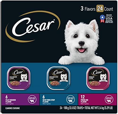  CESAR Soft Wet Dog Food Loaf In Sauce Rotisserie Chicken Flavor With Bacon & Cheese And Filet Mignon Flavor With Bacon & Potato Variety Pack, (24) 3.5 Oz. Easy Peel Trays