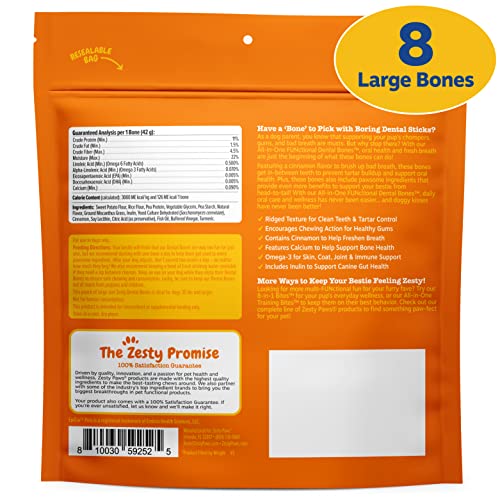  Zesty Paws Dental Bones For Large Dogs - Fights Tartar & Plaque - Gum, Teeth & Bone Health - Cinnamon For Dog Breath - Immune, Joint, Gut, Skin & Coat Support - Omega 3 EPA & DHA And Calcium - 8 Ct