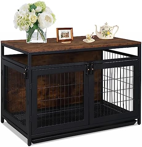  Waiirek 37.4in Heavy Duty Wooden Large Furniture Dog Crate Indoor End Side Table With 3 Doors, Decorative Furniture Stylish Dog Kennel Cage Inside 37.4" L X 22" W X 25.6" H