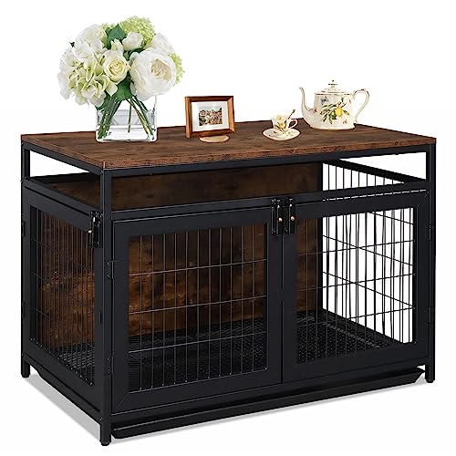  Waiirek 37.4in Heavy Duty Wooden Large Furniture Dog Crate Indoor End Side Table With 3 Doors, Decorative Furniture Stylish Dog Kennel Cage Inside 37.4" L X 22" W X 25.6" H