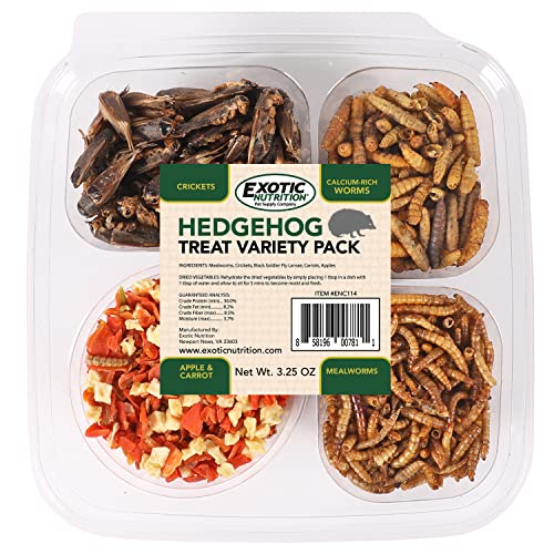  Hedgehog Treat Variety Pack - Healthy Natural Treat Assortment - Dried Mealworms, Dried Black Soldier Fly Larvae, Dried Crickets, Dried Apples & Carrots - Sampler Variety Value Package