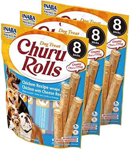  INABA Churu Rolls For Dogs, Grain-Free, Soft/Chewy Baked Chicken Wrapped Churu Filled Dog Treats, 0.42 Ounces Each Stick| 24 Stick Treats Total (8 Sticks Per Pack), 3 Flavor Variety Pack (24 Sticks)