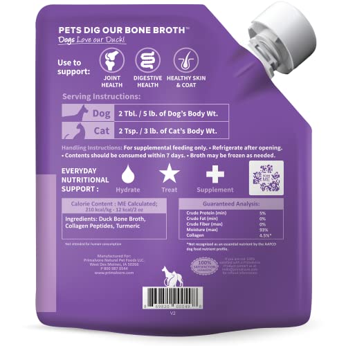  Primalvore All-Natural Duck Bone Broth For Dogs&Cats, Mobility Formula W/Collagen Peptides Supports Hip & Joints, Digestion, Skin&Coat And Hydration, Grain Free, Human Grade, Made In USA. Duck 2 Pack