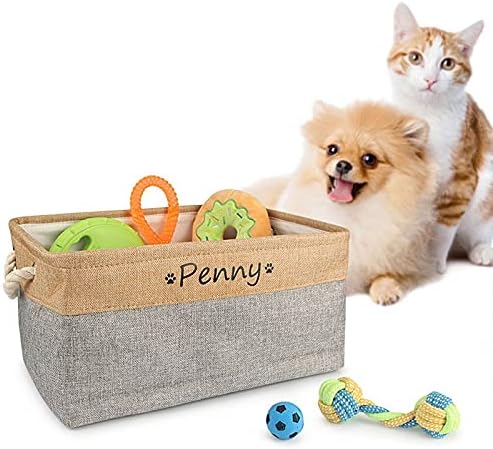  Xingfa Personalized Dog Toy Basket With Name,Paw Prints Pet Food Storage Container,Dog Toy Bin Storage,Dog Toy Box For Small Dogs,New Puppy Supplies (S 31X21X12cm)