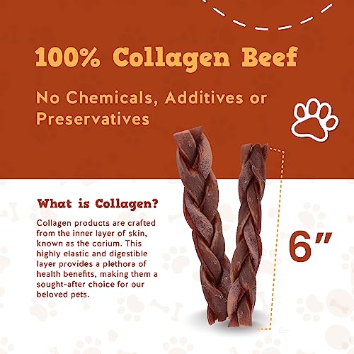  Jack&Pup 6" Braided Beef Collagen Sticks For Dogs - Rawhide Free Dog Chews Long Lasting Collagen Chews For Dogs - Bully Sticks Alternative (8 Pack)