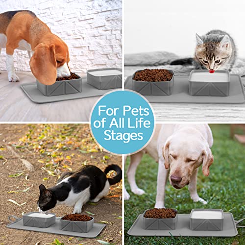  ODRIW Dog Food Mat, Outdoor Portable Dog Bowl Mat, Silicone Double Bowl Dog Mat For Food And Water For Small, Medium And Large Dogs And Cats, Pet Food Mat With Storage Bag. (Grey)