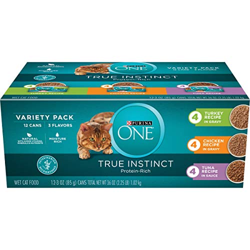  Purina ONE Natural, High Protein Wet Cat Food Variety Pack, True Instinct Turkey, Chicken & Tuna Recipes - (2 Packs Of 12) 3 Oz. Cans