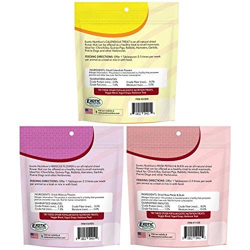  Exotic Nutrition Flower Treat 3 Pack - Healthy Assortment - Hibiscus, Calendula, Rose - For Squirrels, Guinea Pigs, Rabbits, Chinchillas, Prairie Dogs, Degus, Hamster, Gerbils, & Other Herbivores