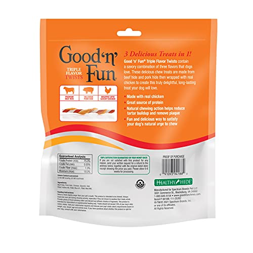  Good'n'Fun Triple Flavor Twists, Dog Chew Sticks, Premium Chicken And Beef Hide Treats For Dogs, 70 Count