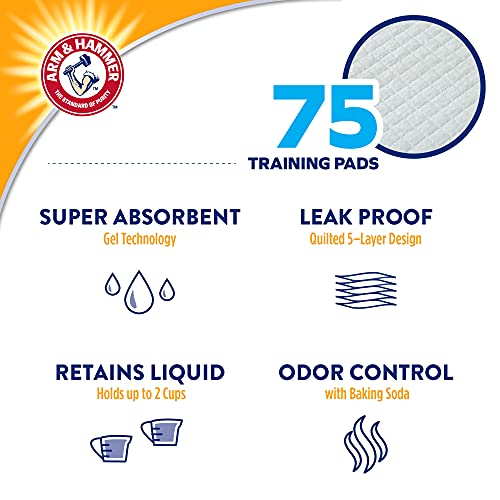  Arm & Hammer For Dogs Training Pads For Stay-at-Home Dogs | New & Improved Super Absorbent, Leak-Proof, Odor Control Quilted Dog Training Pads With Baking Soda | 75 Count Wee Wee Pads,White