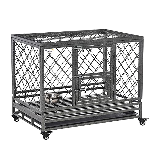  PawHut Heavy Duty Dog Crate Metal Kennel And Cage Dog Playpen With Lockable Wheels, Slide-Out Tray, Food Bowl And Double Doors
