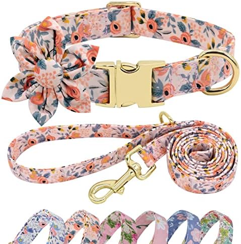  Beirui Cute Girl Dog Collar And Leash Set For Female Dogs- Floral Dog Collar With Flower For Small Medium Large Dogs Puppy, M:Neck 13-21", Leash 5FT, Purple-1