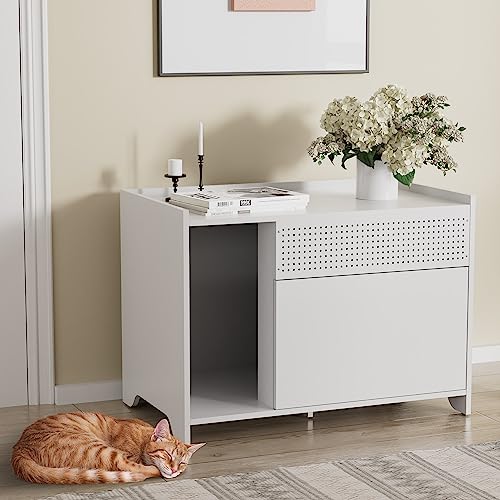  SunsGrove Cat Litter Box Enclose, Hidden Litter Boxes For Indoor Cats, Kitten Litter Furniture With Flip-Down Opening, Wooden Cat Box, Fits Most Litter Box, Multi-Functional Cabinet, White