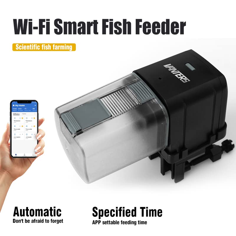  Vanters L27 Automatic Aquarium Fish Tank Feeder Timer Adjustable Food Dispenser (APP Control & USB Power Supply), Compatible With Amazon Alexa (Black, Standard Pack)