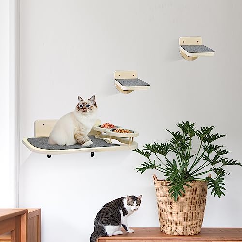  Cat Wall Shelves With 2 Steps,Cat Wall Mounted Shelves And Perches Set,Cat Wall Furniture With 2 Cat Bowls For Indoor Cats,Cat Climbing Shelf Hammock With Climbing Shelf Perches Plush Covered
