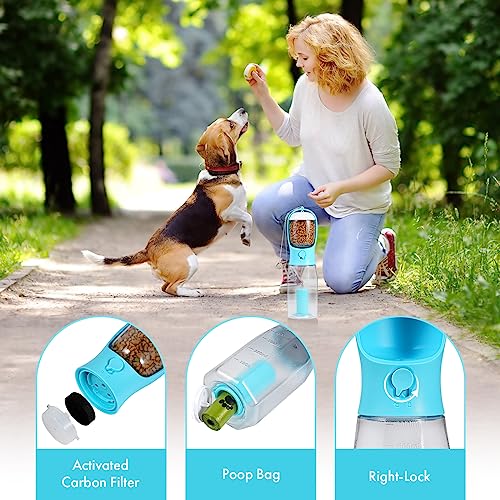  KAHEGIND 3-in-1 Portable Dog Water Bottle With Food Container,Replaceable Waste Bags Leak Proof Dog Travel Water Bottle,Carbon Filter For Drinking, Feeding, Travel, Walking And Hiking (Blue 20 Oz)