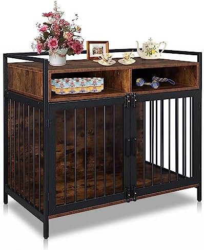  Waiirek 37.4in Heavy Duty Wooden Large Furniture Dog Crate Indoor End Side Table With 3 Doors, Decorative Furniture Stylish Dog Kennel Cage Inside 37.4" L X 22" W X 25.6" H