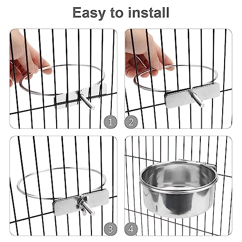  Wontee Pet Food Water Bowl With Clamp Holder Stainless Steel Feeding Cups Feeder For Dog Bird Parrot Cat Rabbit, 2 Packs (L)