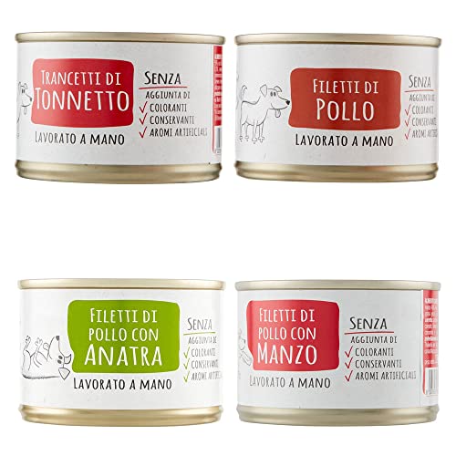  LQNQ ADoC Dog Cibo Umido Per Cani Mix 4 - Trancetti Di Tonnetto, Filetti Di Pollo, Anatra E Manzo - 24 Lattine Da 170gr
