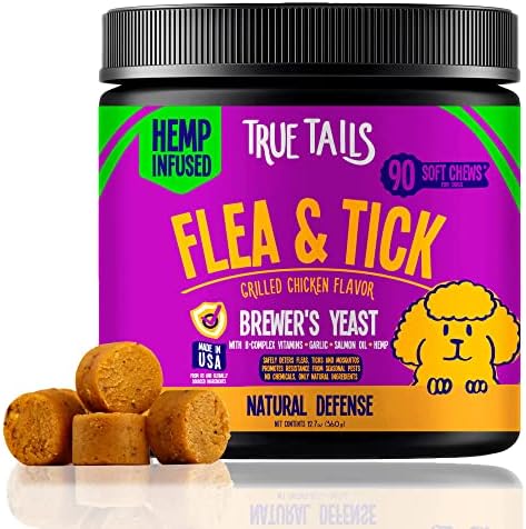  True Tails Flea And Tick Prevention For Dogs – 90 Bacon Soft Chews Dog Flea & Tick Control – Natural Flea And Tick Treatment With Garlic, Hemp, Vitamin B Complex – With No Preservatives