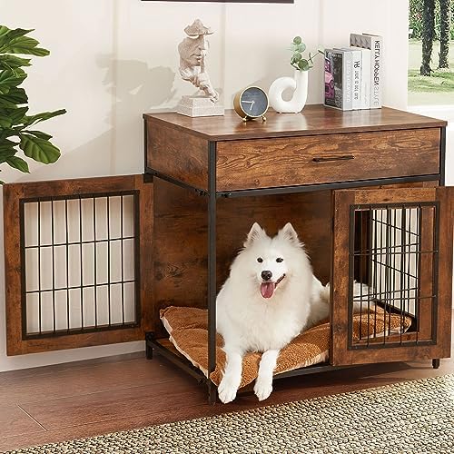 SWHSE Large Dog Crate Furniture, Heavy Duty Dog Kennel Furniture With 2-in-1 Induction Lamp And Removable Washable Pet Mat For Large And Medium Dogs Indoor(Left)