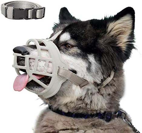  Dog Muzzle, Soft Silicone Basket Muzzle For Dogs, Allows Panting And Drinking, Prevents Unwanted Barking Biting And Chewing, Included Collar And Training Guide