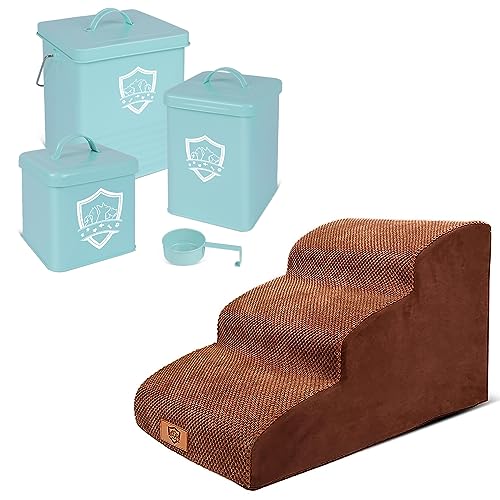  Kphico 3 Tiers Non-Slip Dog Ramp For Small Dogs And Injured Cats, And 3 Pcs Dog And Cat Food Container Set