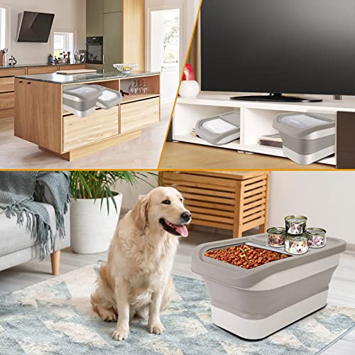  Collapsible 13LB Dog Food Storage Container With Transparent Sliding Lid,Pet Moisture-Proof Folding Rice Plastic Bin With Measuring Cup And Scoop Suitable For Storing Oat Millet Macaroni Corn（Khaki）