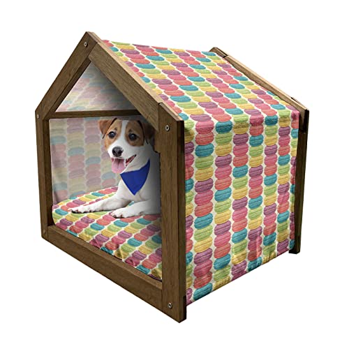  Lunarable Desert Wooden Pet House, Stacks Of Colorful Macaroons Cream Tone Backdrop Traditional French Food, Outdoor & Indoor Portable Dog Kennel With Pillow And Cover, Small, Multicolor