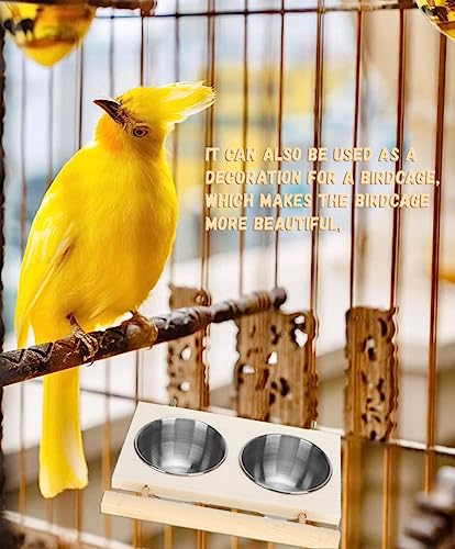  ELAZAYA Bird Food Water Stainless Steel Cups Wooden Perch Feeder Cage Accessory With Stand Hanging Bowls Feeding And Watering Supplies For Parakeets Conures Cockatiels Budgie Parrot(Double Bowls)