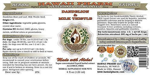  HawaiiPharm Dandelion/Milk Thistle, Veterinary Natural Alcohol-Free Liquid Extract, Pet Herbal Supplement 2x4 Oz