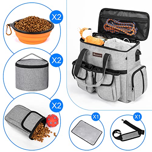  Airline Approved Dog Travel Bag With 2 Dog Treat Training Pouches, Dog Tote Organizer For Weekend Pet Travel Supplies & Accessories, 2 Collapsible Dog Bowls, 2 Travel Dog Food Container (Grey)