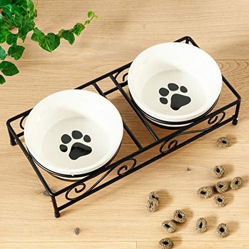 Navaris Ceramic Pet Bowl Set - Food Water Bowls For Cats, Small Dogs And Puppies With Non-Slip Retro Metal Stand - Set Of Bowls, 10.8 Oz Each