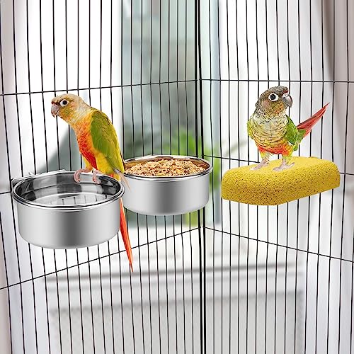  Wontee Pet Food Water Bowl With Clamp Holder Stainless Steel Feeding Cups Feeder For Dog Bird Parrot Cat Rabbit, 2 Packs (M)