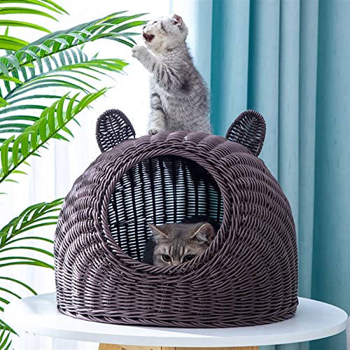  PAREKS Pet House Rattan Cat Nest Summer Semi-Closed Indoor Sleeping Bed Mat Breathable Durable Puppy Basket For Small Medium Cats/Dogs (Color : Beige)