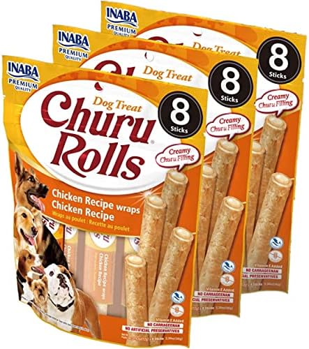  INABA Churu Rolls For Dogs, Grain-Free, Soft/Chewy Baked Chicken Wrapped Churu Filled Dog Treats, 0.42 Ounces Each Stick| 24 Stick Treats Total (8 Sticks Per Pack), 3 Flavor Variety Pack (24 Sticks)