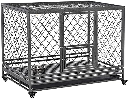  PawHut Heavy Duty Dog Crate Metal Kennel And Cage Dog Playpen With Lockable Wheels, Slide-Out Tray, Food Bowl And Double Doors
