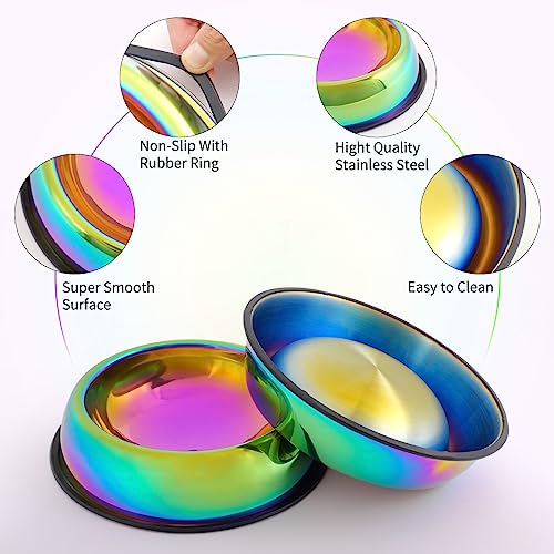  LEOWOW Rainbow Color Stainless Steel Cat Bowl Water & Feeder Bowls 2 In 1 Slow Feed Bowl For Small/Medium Cats/Dogs With Non-Skid Rubber Base, 9.5 Oz /280ml Capacity Each (Set Of 2)