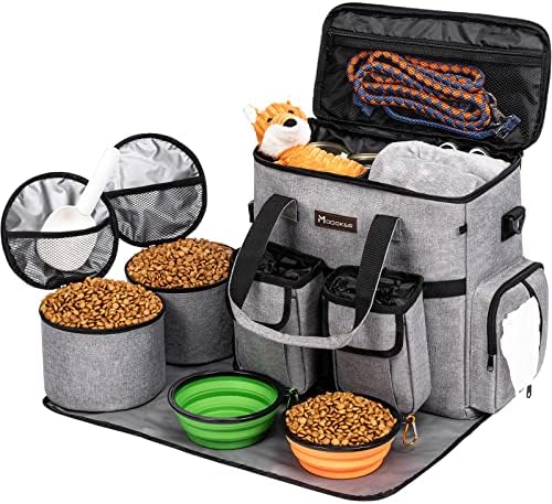  Airline Approved Dog Travel Bag With 2 Dog Treat Training Pouches, Dog Tote Organizer For Weekend Pet Travel Supplies & Accessories, 2 Collapsible Dog Bowls, 2 Travel Dog Food Container (Grey)