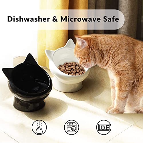  Raised Food Bowls Anti Vomiting,Tilted Elevated Ceramic Bowl For Flat-Faced Cats,Small Dogs,Protect Pet's Spine,Dishwasher Safe,Black And White, 2pcs
