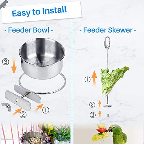  Kalevel 2pcs Bird Feeder Bowl Feeding Coop Cup Stainless Steel Parrot Cage Food Water Dish With Bird Fruit Holder Veggie Skewer