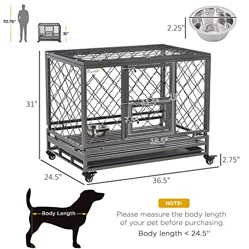  PawHut Heavy Duty Dog Crate Metal Kennel And Cage Dog Playpen With Lockable Wheels, Slide-Out Tray, Food Bowl And Double Doors