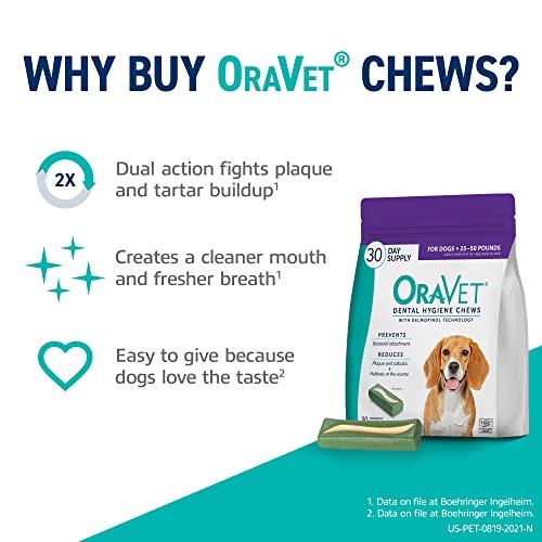  ORAVET Dental Chews For Dogs, Oral Care And Hygiene Chews (Medium Dogs, 25-50 Lbs.) Purple Pouch, 30 Count