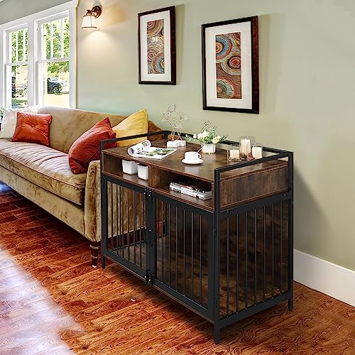 GENERIC 41 "Furniture Dog Cage, Metal Heavy Duty Super Sturdy Dog Cage, Dog Crate For Small/Medium Dogs, Double Door And Double Lock, With Storage And Anti-chew Features, Dog House, Rustic Brown