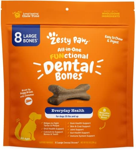  Zesty Paws Dental Bones For Large Dogs - Fights Tartar & Plaque - Gum, Teeth & Bone Health - Cinnamon For Dog Breath - Immune, Joint, Gut, Skin & Coat Support - Omega 3 EPA & DHA And Calcium - 8 Ct